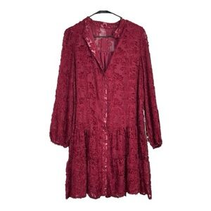 Ruoyee Women’s Elegant Burgundy A-Line Long Sleeve Button Down Midi Dress Size L